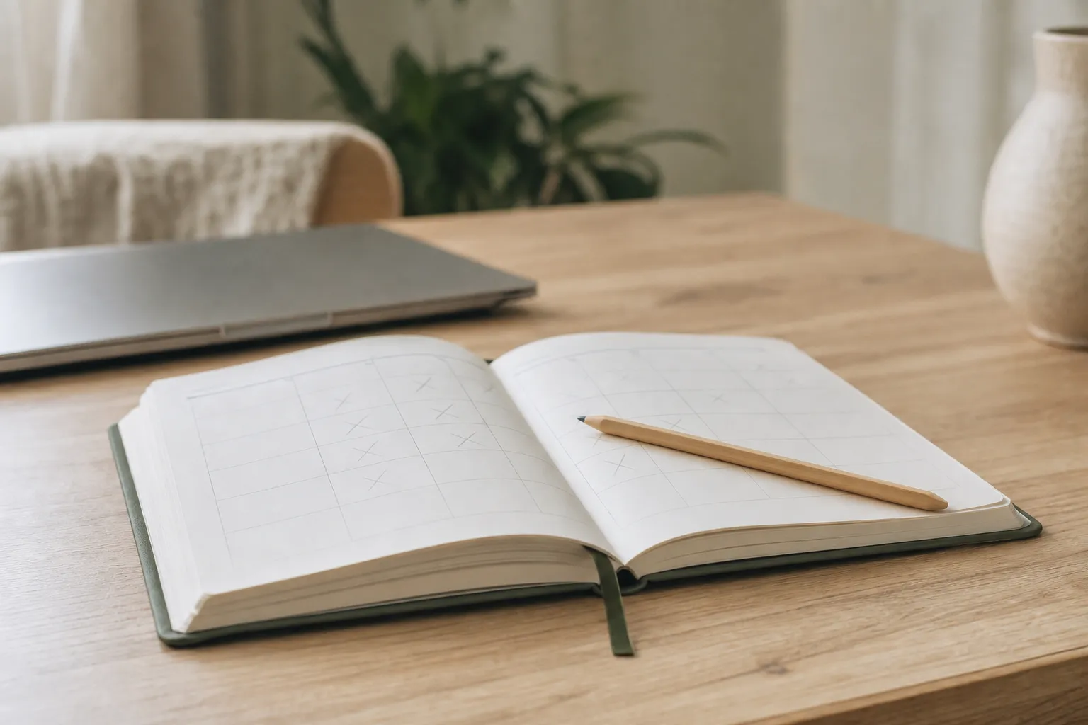Agenda papier ouvert, jours cochés au crayon, ordinateur portable fermé en arrière-plan